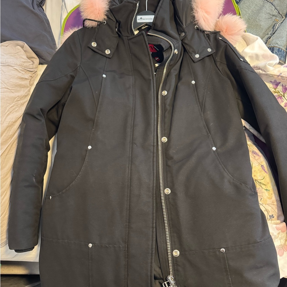 Moose Knuckles black womens stirling parka with light pink fur